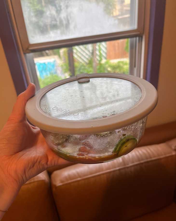 A hand holding a glass food container with a clear lid, containing colorful ingredients, near a window with condensation.