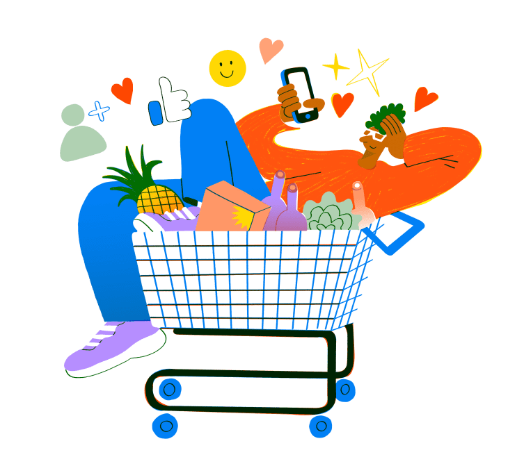 Person lounging in a shopping cart with groceries, holding a phone, surrounded by social media icons.