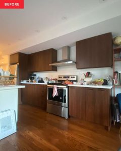 Before & After: Rustic Brown Kitchen Cabinets Get a Perfect White Makeover for $350