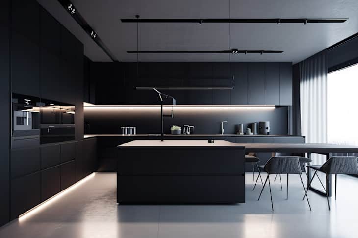 A sleek and modern, dark black kitchen exudes industrial edge and sophisticated style