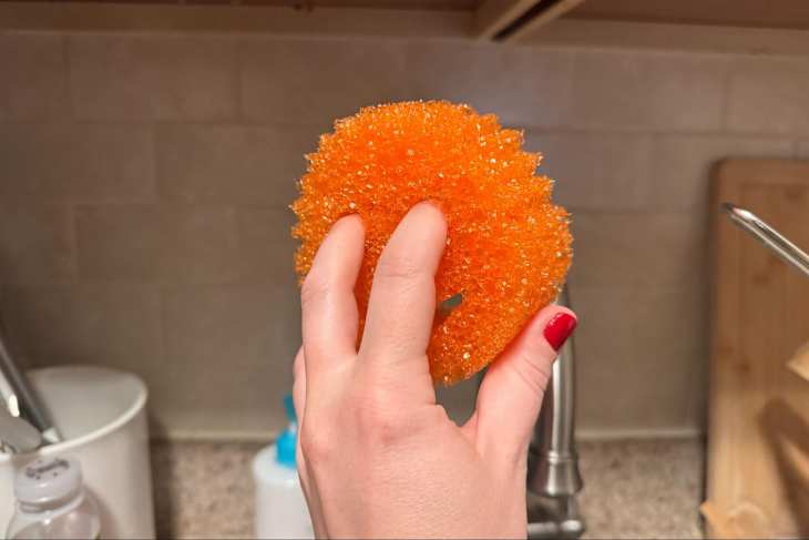 Someone holding orange Sponge Daddy color sponge.