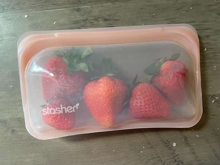 Strawberries in Stasher bag.
