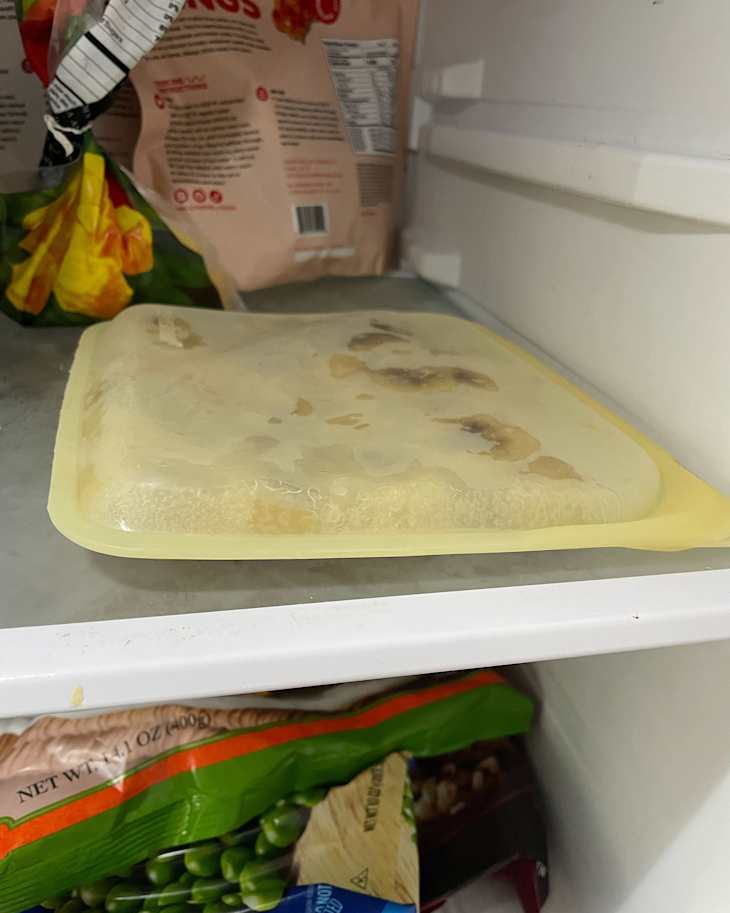 Yellow Stasher bag in freezer.