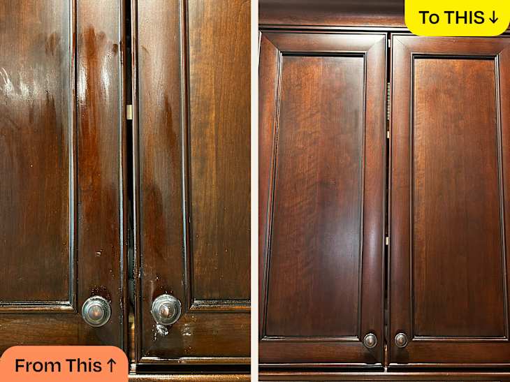 I Tried 5 Methods to Clean My Greasy Wood Cabinets , and This 2-Minute Trick Is Ridiculously Effective