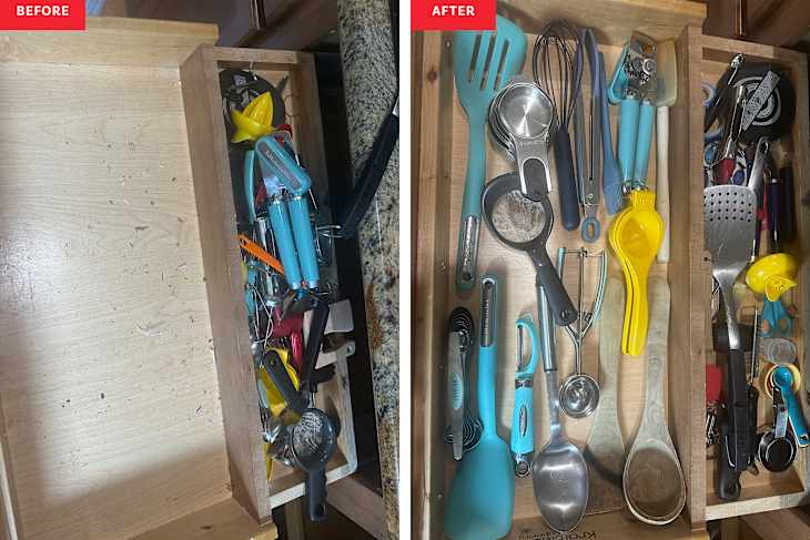 Cooking utensils in drawer before and after decluttering.