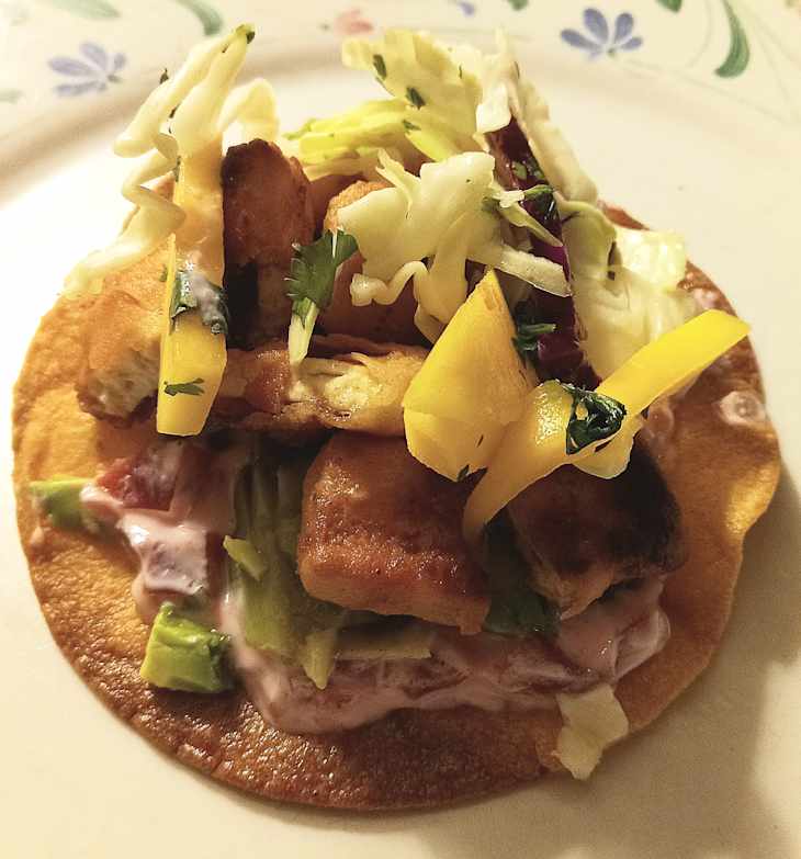 Cajun Tofu Tostadas with Mango Slaw and Beet Crema