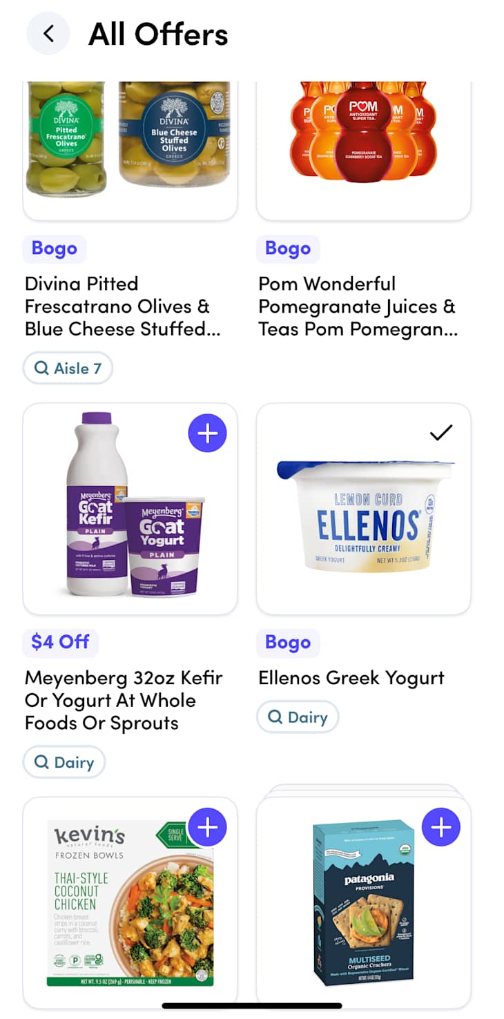 phone screenshot of all offers in store via Aisle app