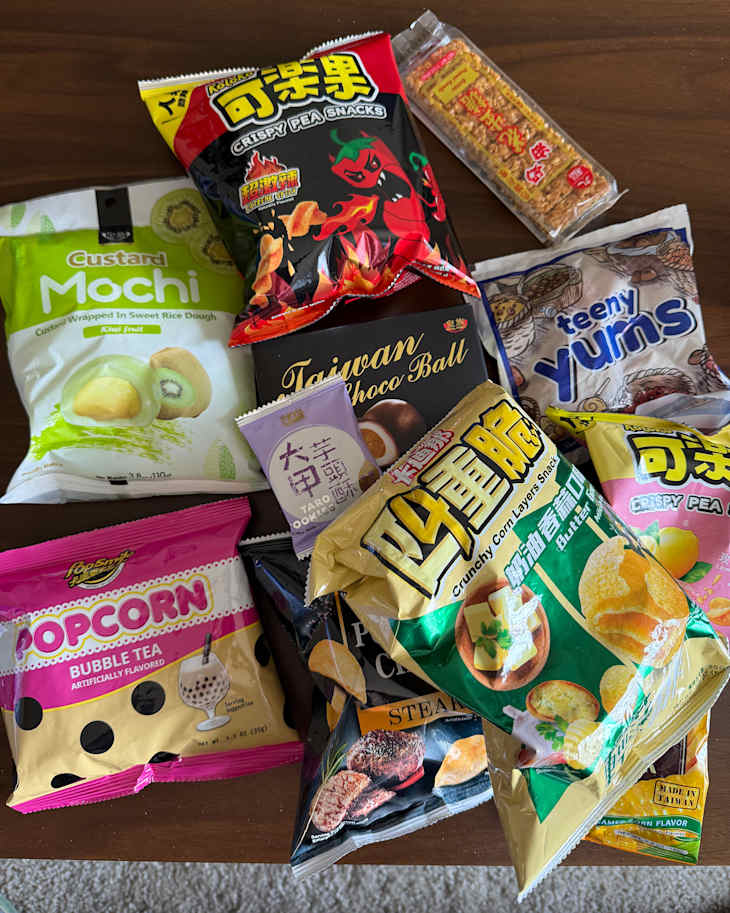 Snacks on table from Universal Yums super yum box.