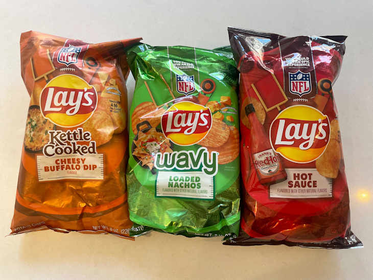 3 kinds of Lay's NFL Tailgating Potato Chips in their packages