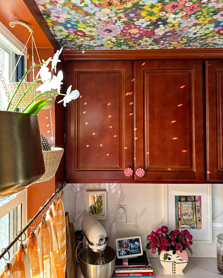 Light reflected on cabinets in colorfully decorated kitchen.