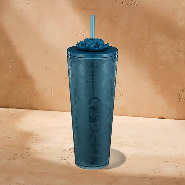 Navy Floral Cold Cup with Blooming Flower Straw Charm