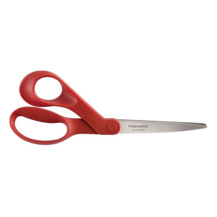 Red-handled left-handed scissors with stainless steel blades.