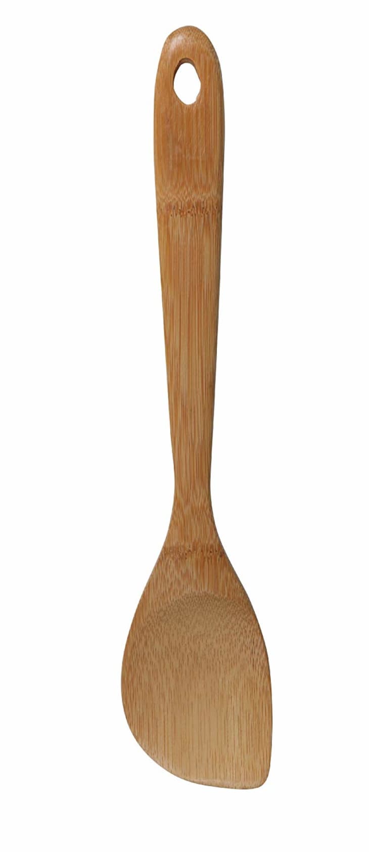 Bamboo spatula with a wide, flat head and a hole in the handle.