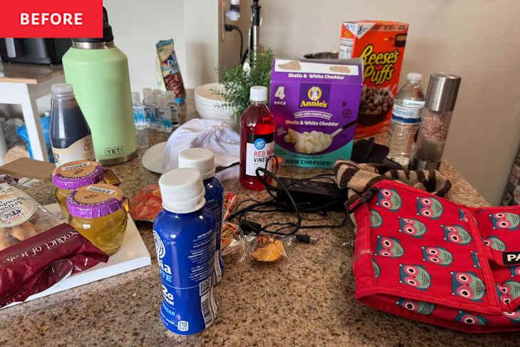 Messy kitchen countertop.