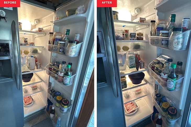 Refrigerator door open showing before and after organized refrigerator.