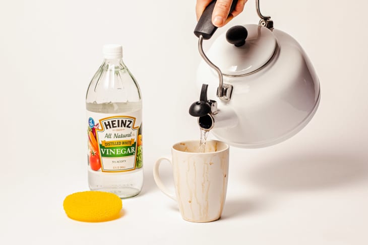 Someone cleaning stained coffee mug with vinegar and lemon.