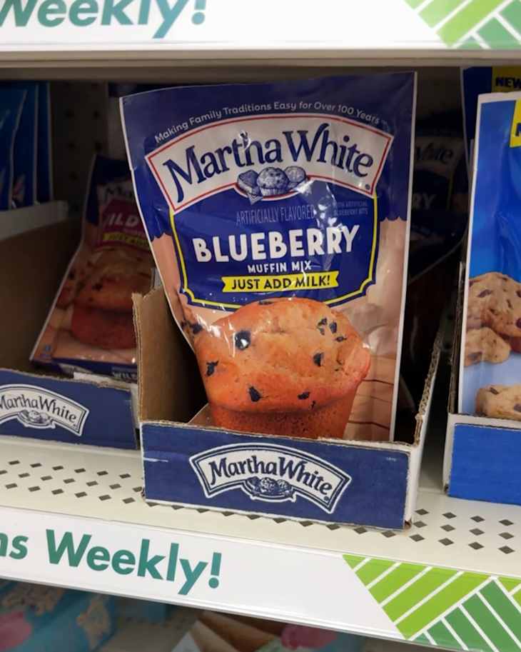 Blueberry muffin mix in aisle at Dollar Tree.