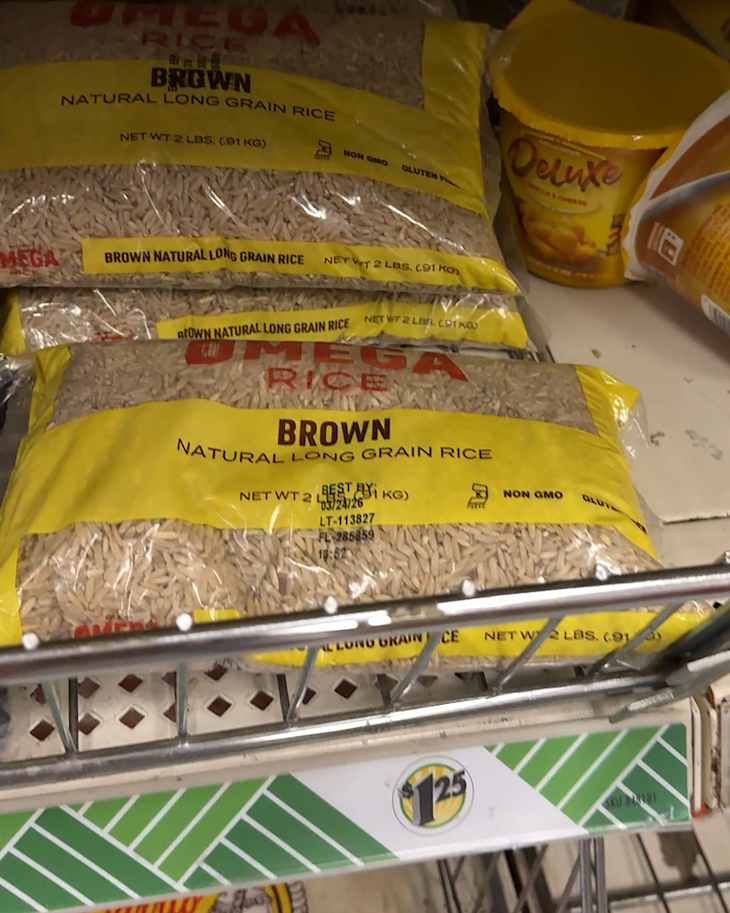 Brown rice on shelf in Dollar Tree.