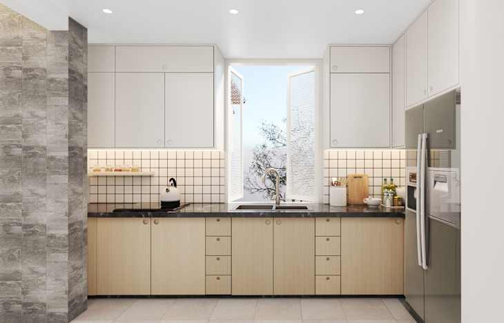 Hanoi / Vietnam - October 2019 : Modern Apartment Kitchen Interior Design with black colour mix with and wooden furniture