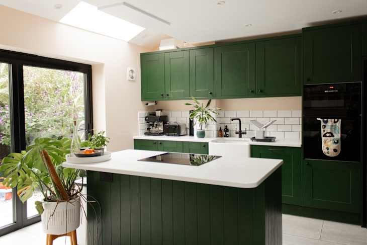 Green, beige, and white kitchen