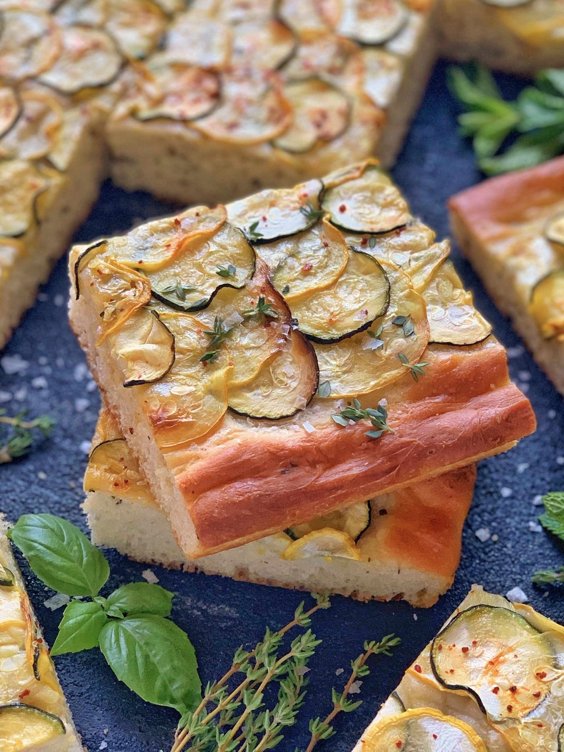 Focaccia Bread Garnished with Zucchini and Potatoes