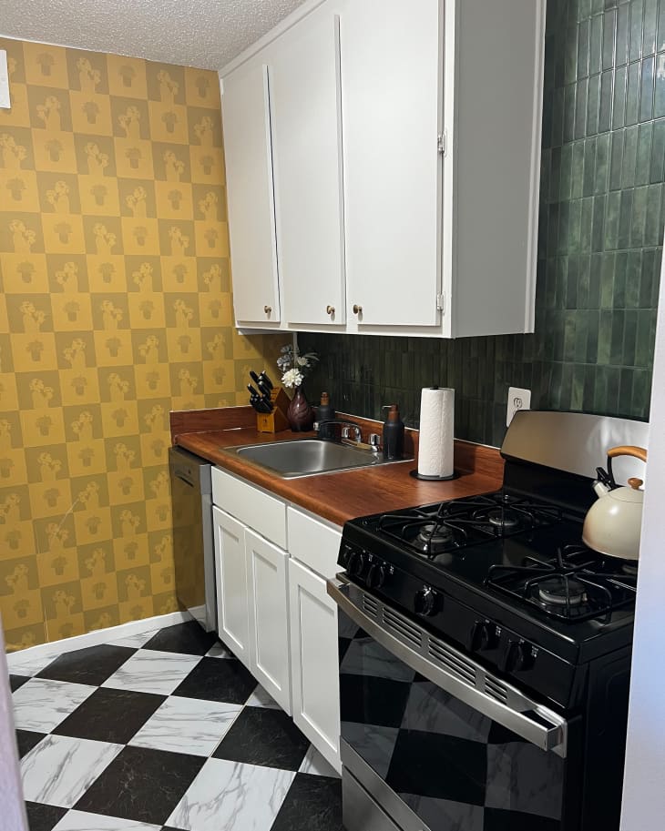 Peel and stick wall, countertop and floor decor.