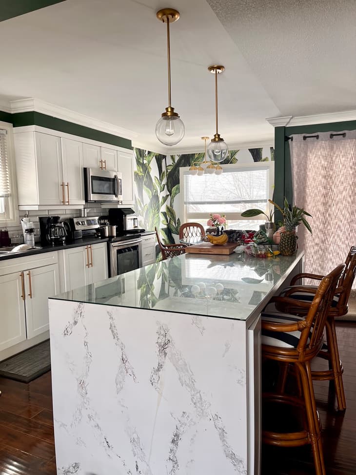 Pendant lights above kitchen island.