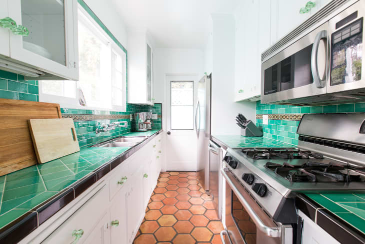 turquoise galley kitchen
