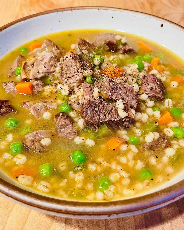 Beef parley soup made with Better Than Bouillon.