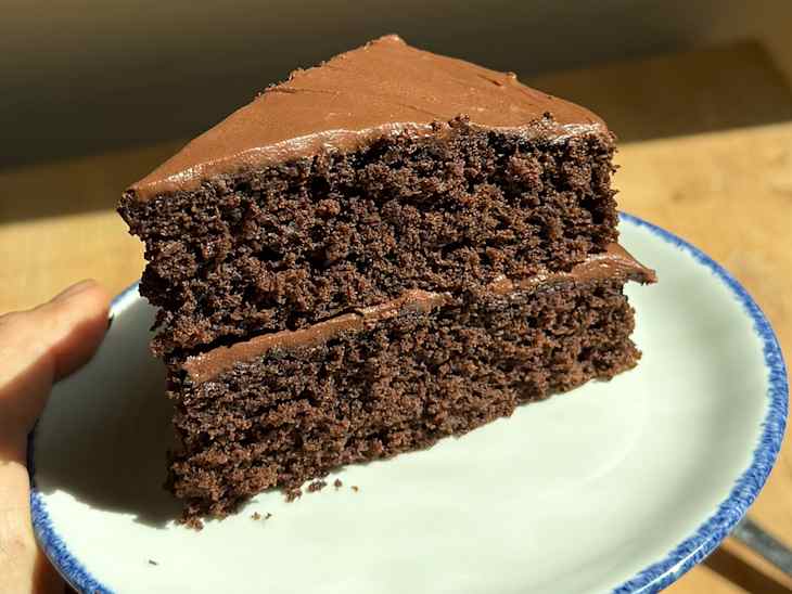 Slice of chocolate cake made with Ikea chocolate.