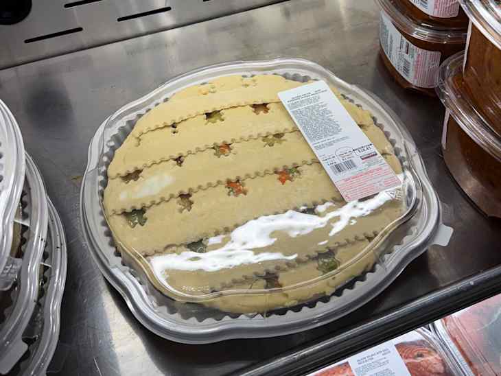 Costco Chicken Pot Pie on store shelf.