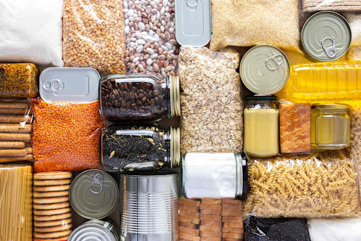 canned food, cereals, pasta, and essential staples f
