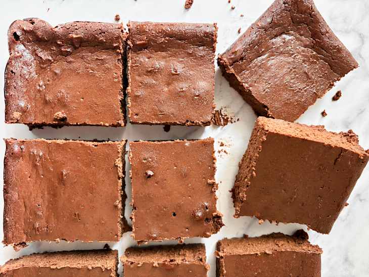 Cottage cheese brownies cut into squares.
