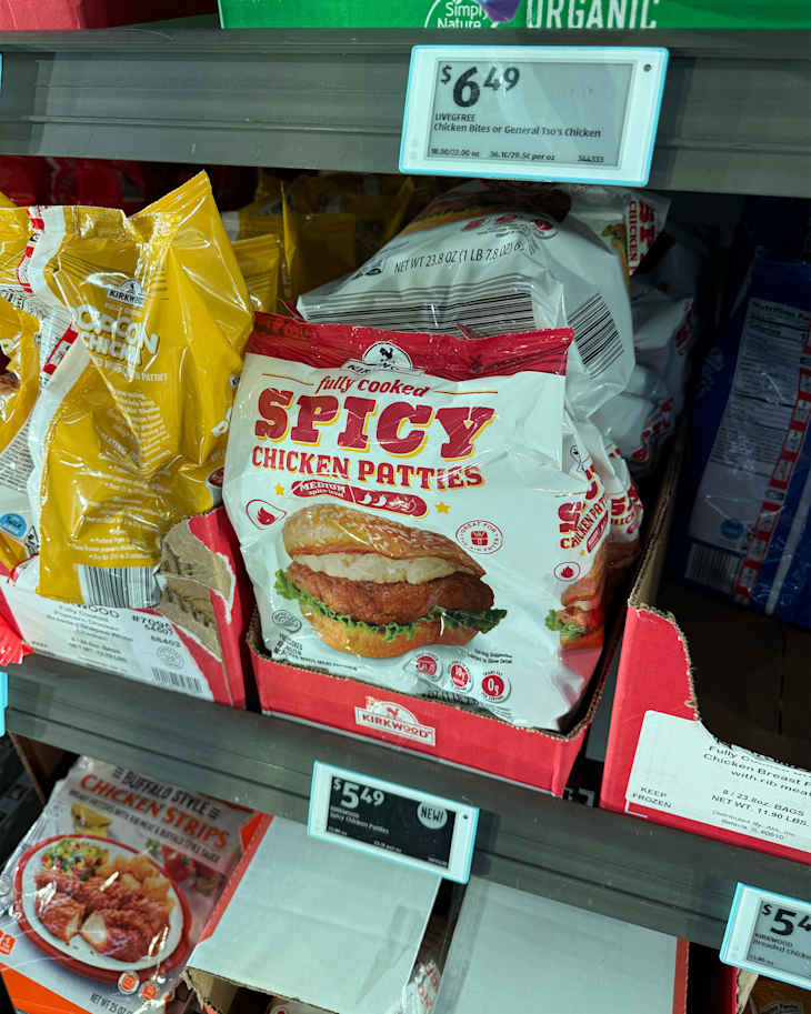 Frozen spicy chicken patties in Aldi freezer section.