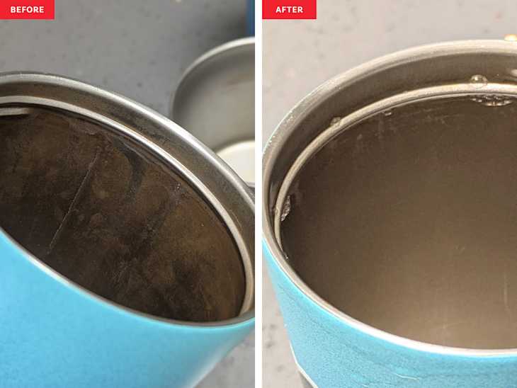 coffee tumbler before and after cleaning with Sudstainables cleaning tablet