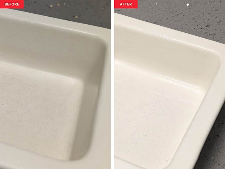 dog bowl before and after cleaning with Sudstainables cleaning tablet
