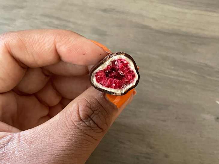 Inside of tru fru chocolate covered raspberries.