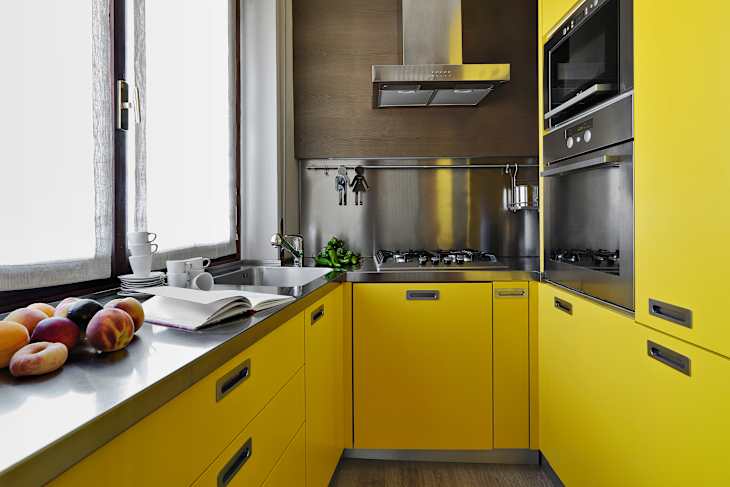 interior view of a yellow modern kitchen
