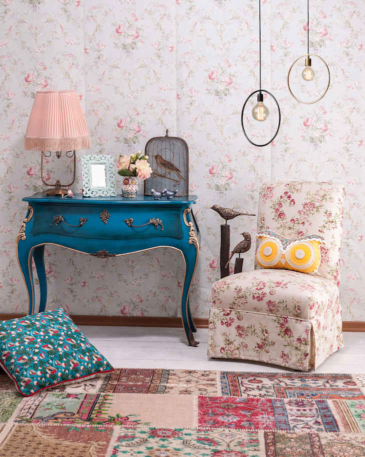 floral design wall paper desk and patchwork chair classic interior style, modern lamp