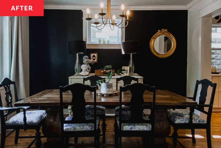 After: A wooden dining table with wooden chairs next to an accent wall