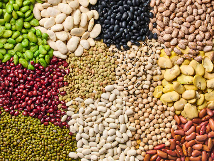 A variety of colorful dried beans and legumes arranged in a grid pattern, showcasing different shapes and sizes.
