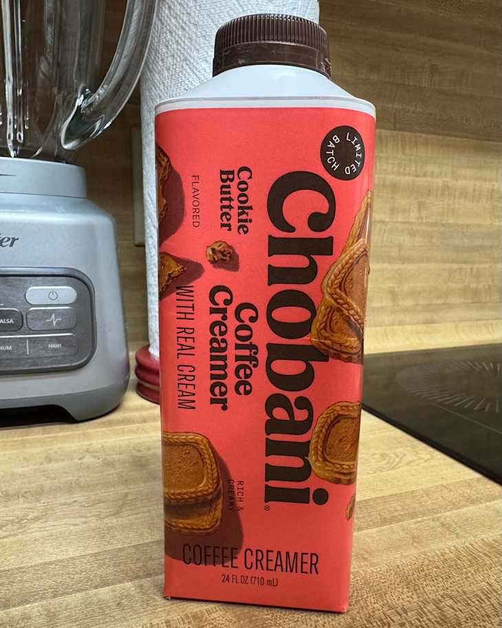 Chobani cookie creamer on kitchen countertop.