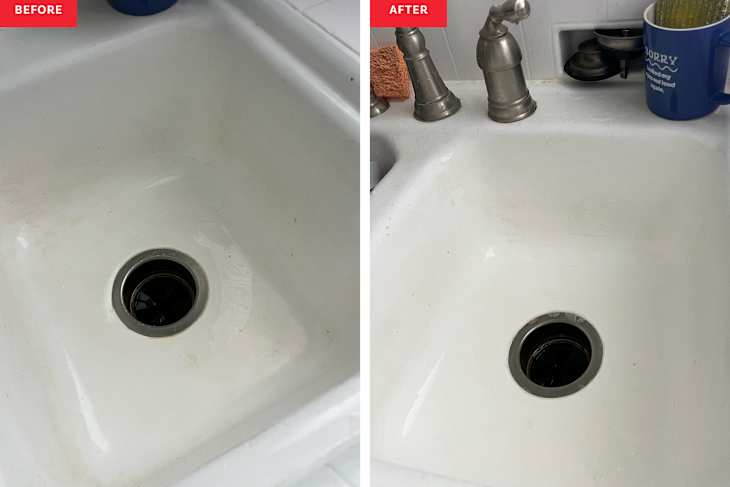 Before and after of clean kitchen sink.