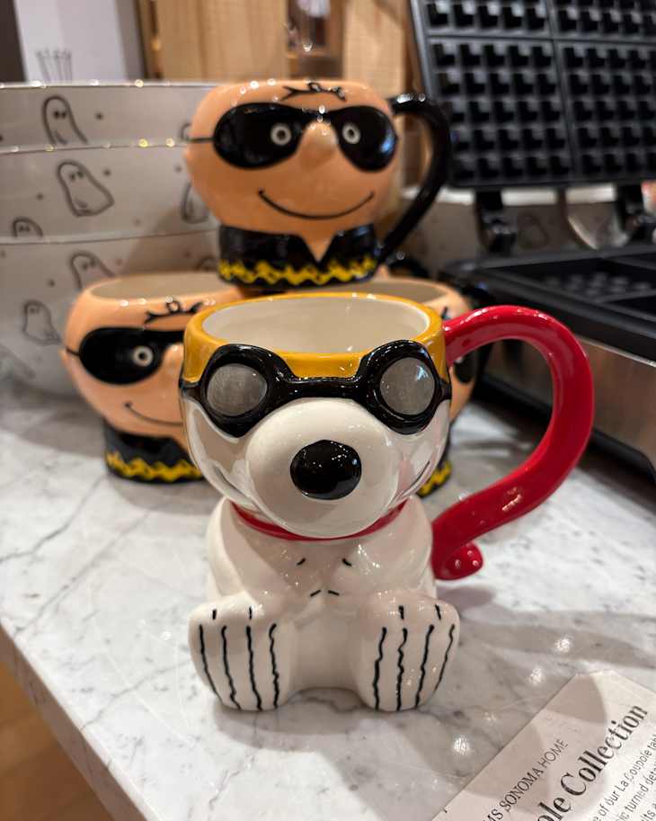 Peanuts coffee mug on display at Williams Sonoma.