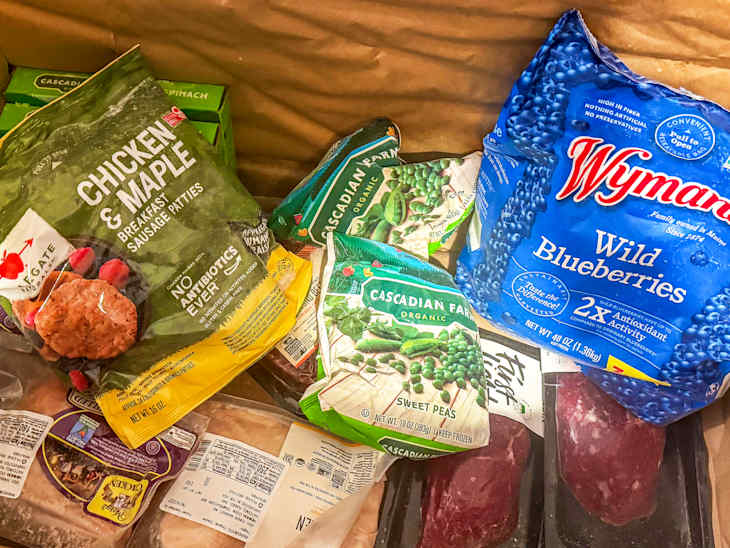 Frozen food items including chicken sausage patties, wild blueberries, and sweet peas in a storage container.