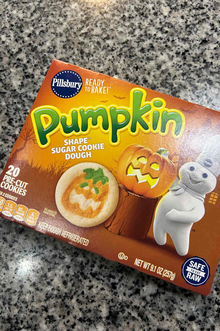 Box of Pillsbury pumpkin-shaped sugar cookie dough.