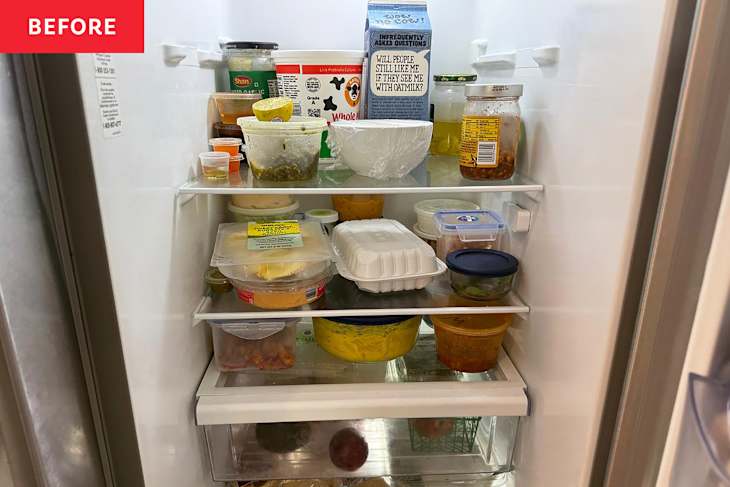 Food in refrigerator before organizing.