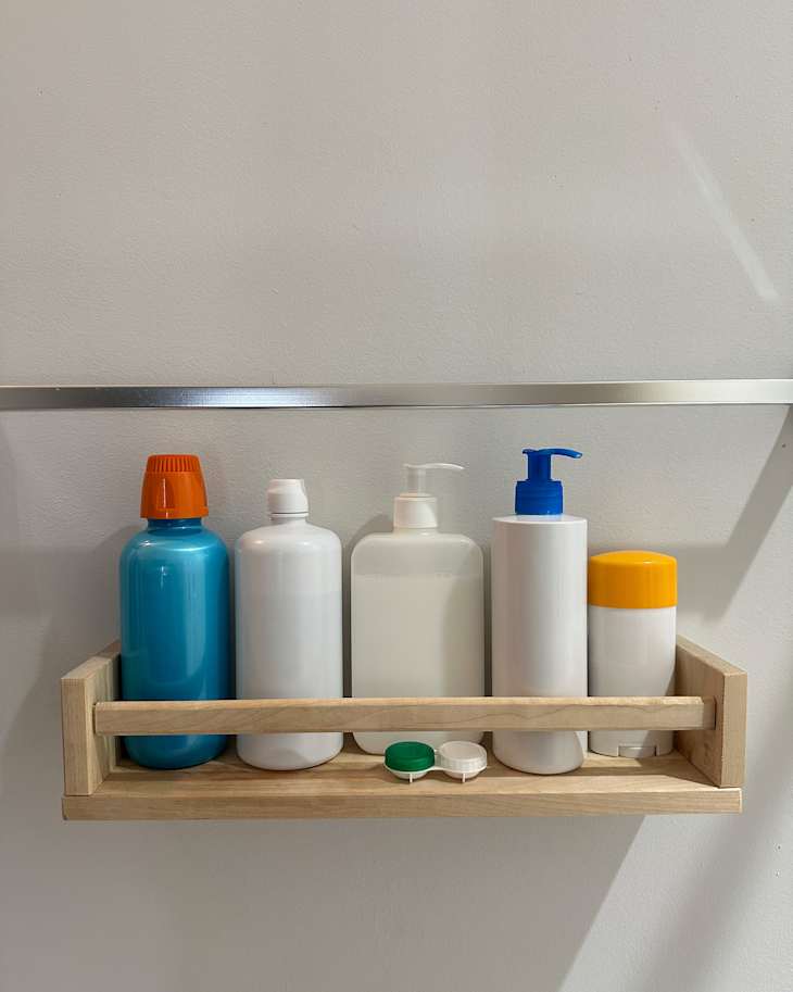 Labels taken off bathroom products.