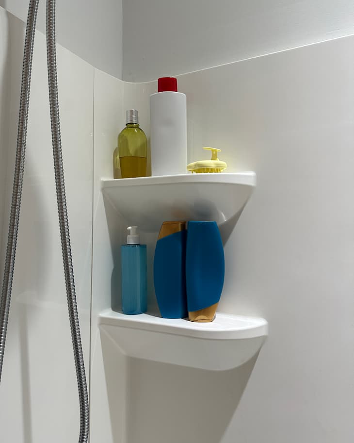 Bathroom products with labels removed.