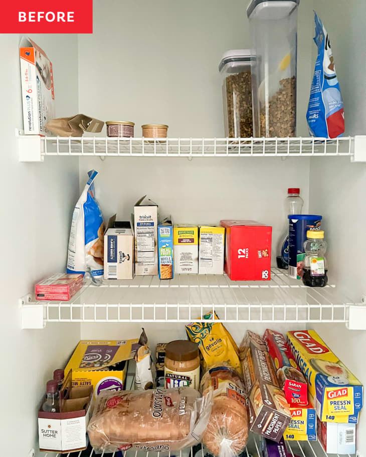 Before: a white wire pantry with food on three shelves